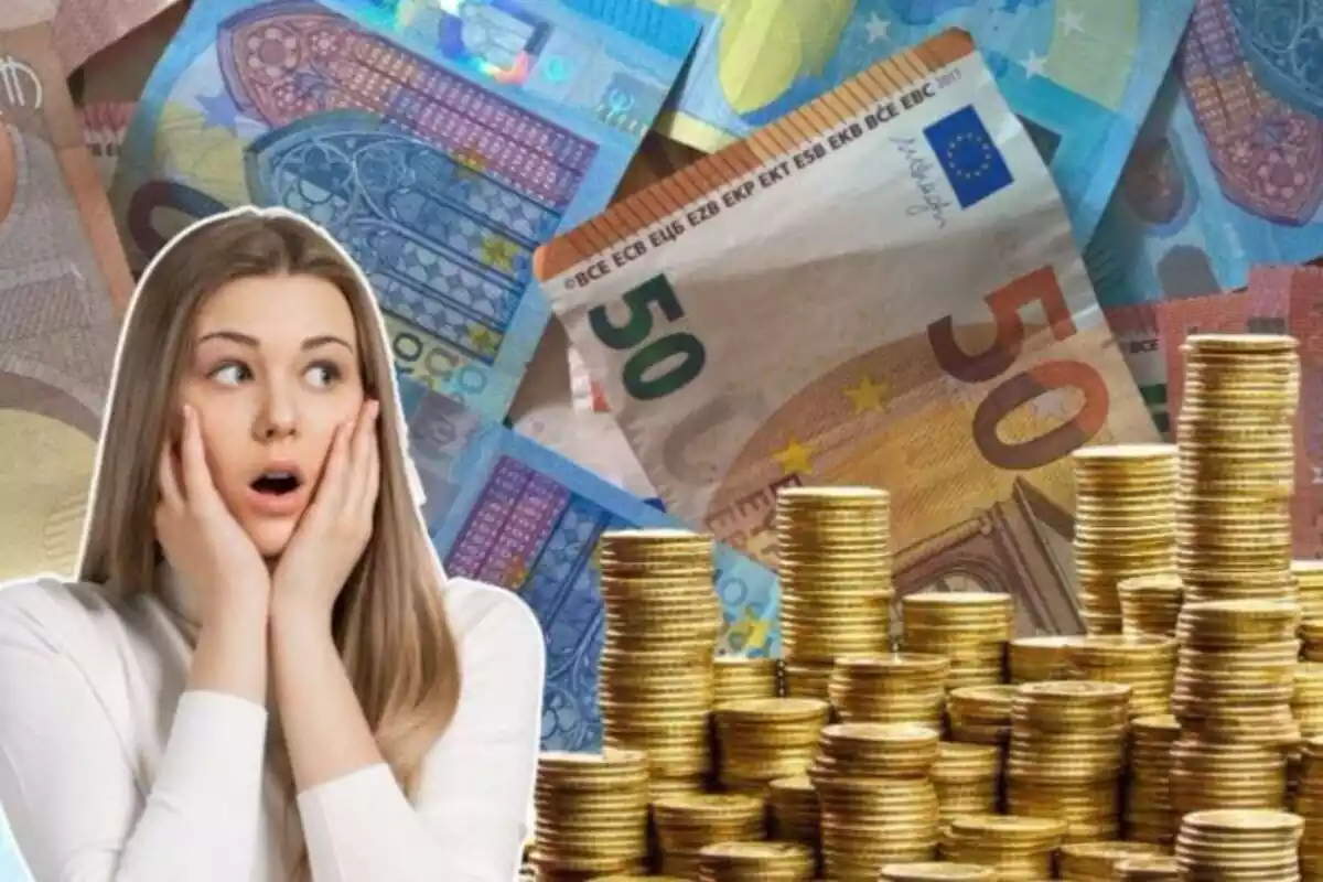 Imatge de fons de molts bitllets d'euros, amb una altra de diverses monedes amuntegades i en primer pla una dona amb gest de sorpresa