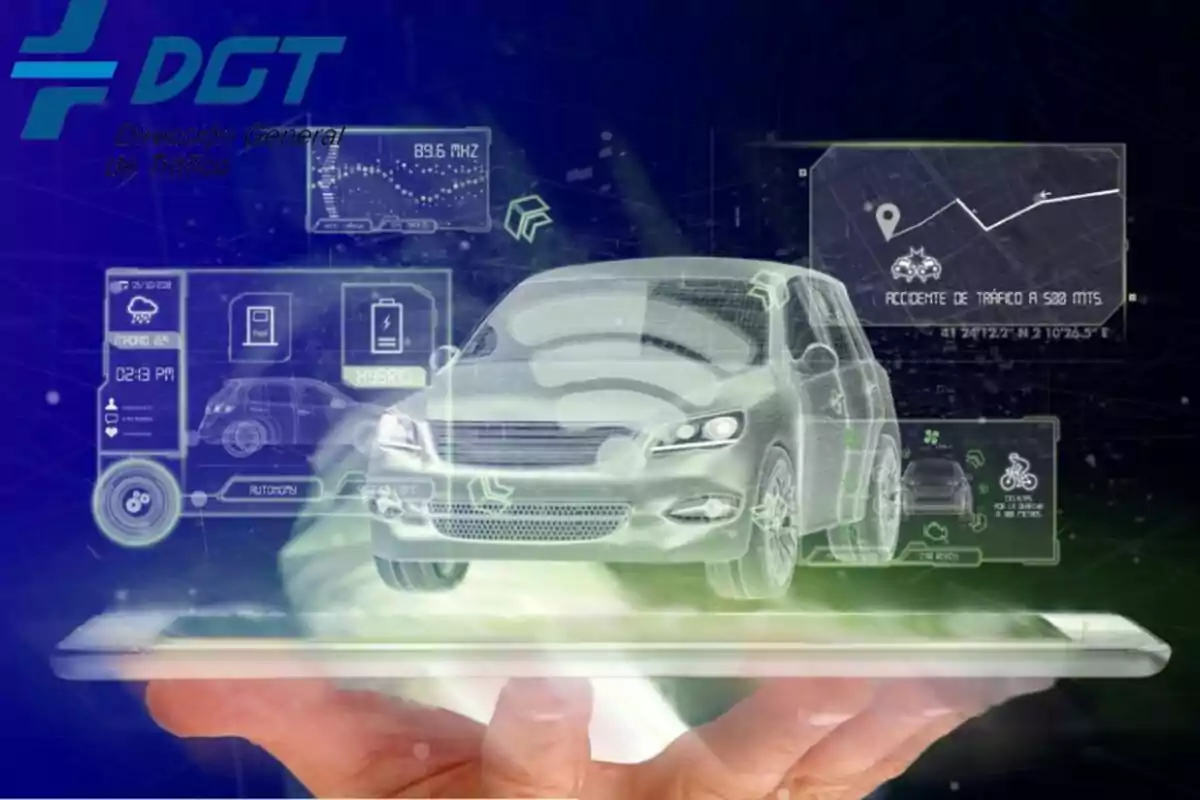 Imatge d'un cotxe futurista amb gràfics hologràfics i el logotip de la Direcció General de Trànsit (DGT) al fons.