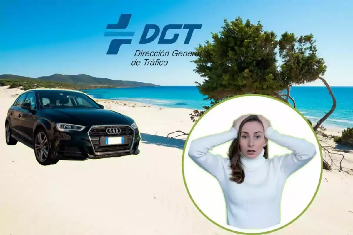 Un cotxe negre a una platja amb el logotip de la Direcció General de Trànsit i una dona sorpresa en un cercle.