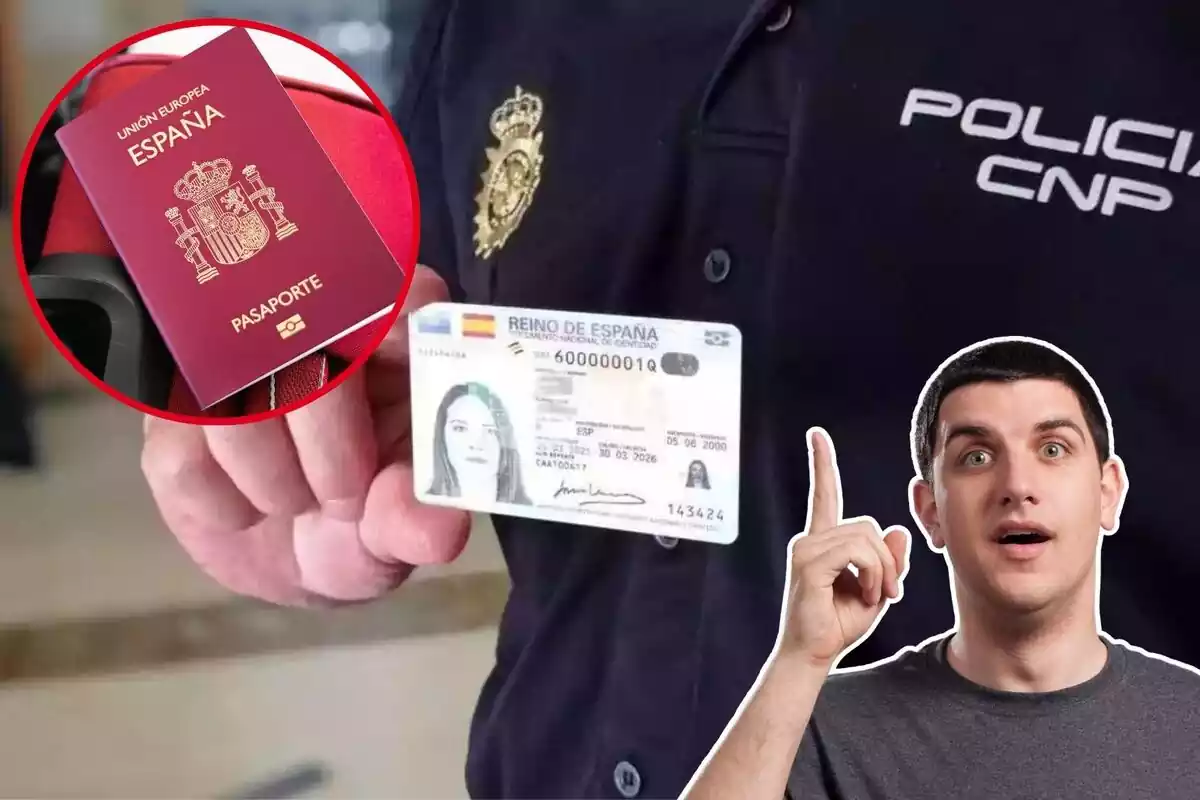 Imatge de fons d'un agent de la Policia Nacional amb un DNI a la mà, amb una altra imatge d'un passaport i una altra imatge d'un home en primer pla amb gest d'haver tingut una idea