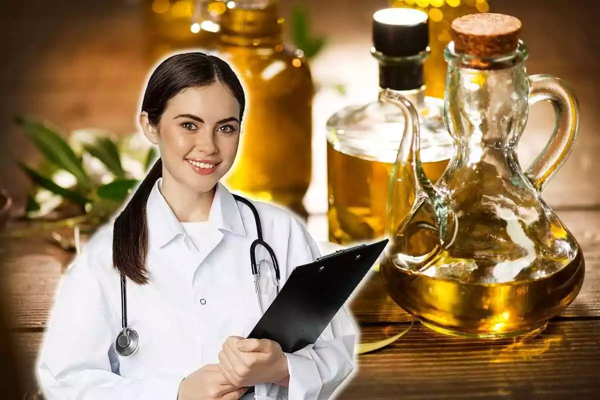 Doctora amb una imatge de fons d'una oliera plena d'oli d'oliva