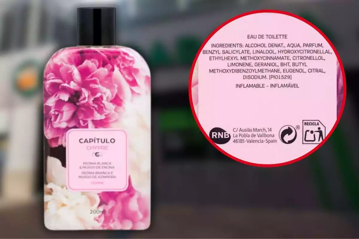 Muntatge amb una imatge de fons d'un perfum de Mercadona, Cpítol Xypre, amb el detall dels ingredients