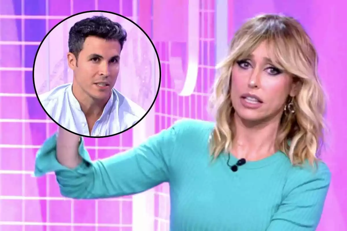 Emma García està en un plató de televisió amb fons rosa, assenyalant cap a un cercle que mostra Kiko Jiménez.