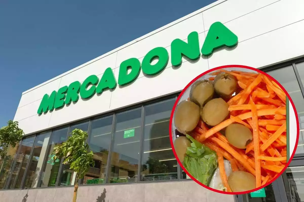 Muntatge amb façana del supermercat de Mercadona i en un cercle parteix de l'amanida de la casa de Mercadona