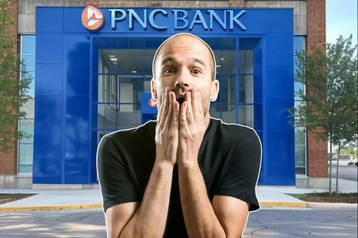 Un home amb expressió de sorpresa o preocupació està davant d'un edifici de PNC Bank. Un home amb expressió de sorpresa o preocupació està davant d'un edifici de PNC Bank.