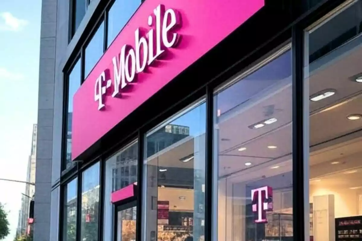 A T-Mobile mobile phone store in the United States with a pink sign and glass windows.