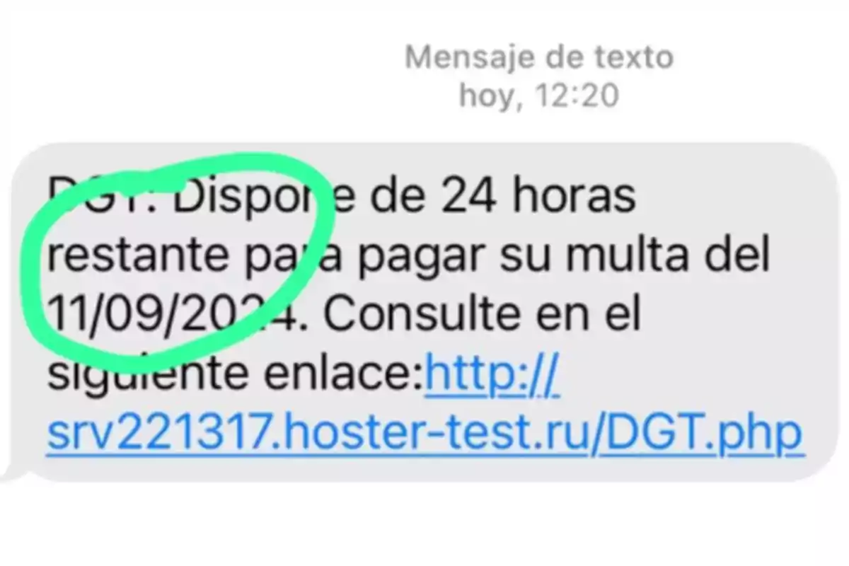 Missatge de text de la DGT que indica que disposa de 24 hores restants per pagar una multa de l'11/09/2024 i proporciona un enllaç per consultar més informació.