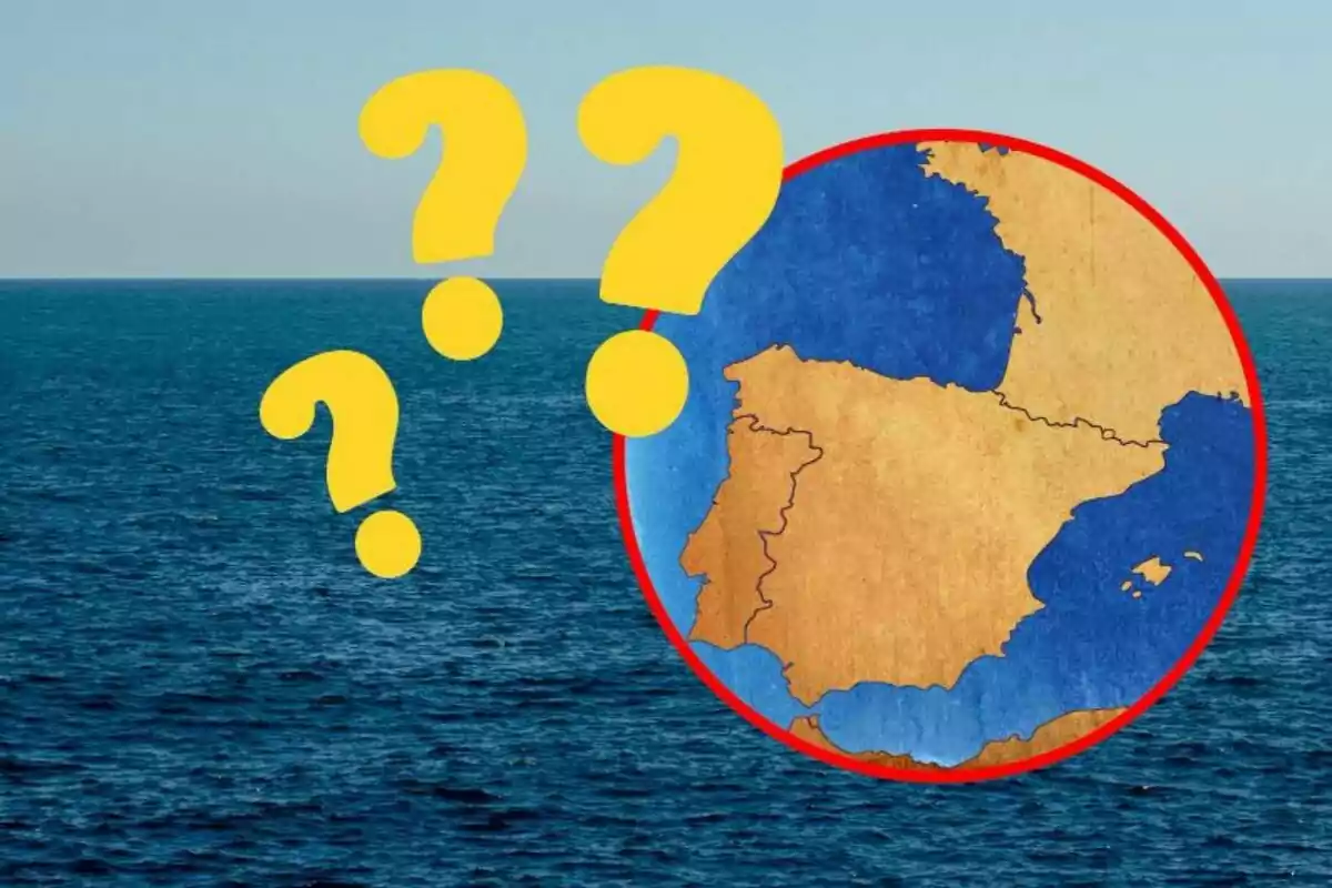 Mapa de la península ibèrica sobre fons de mar amb signes d'interrogació grocs.