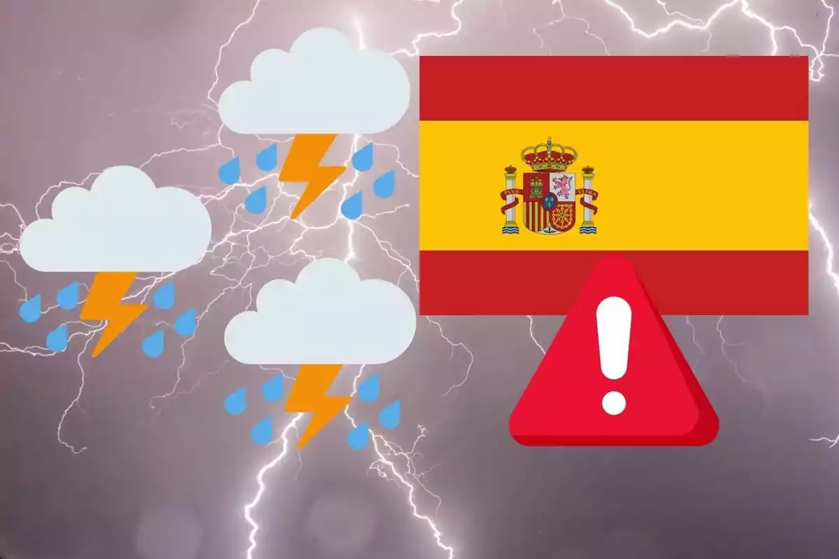 Advertiment de tempesta elèctrica a Espanya amb núvols, raigs i gotes de pluja sobre un fons de llampecs.