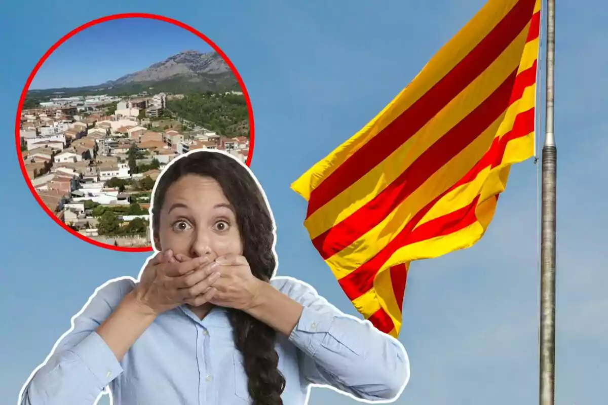 Una dona amb expressió sorpresa es cobreix la boca davant d'una bandera catalana onejant i una imatge circular d'un poble al fons.