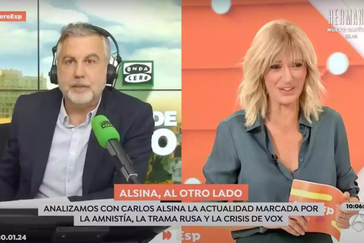 Captura d''Espejo Público' amb Carlos Alsina parlant des de la ràdio i Susanna Grisoo rient a plató el 30 de gener de 2024