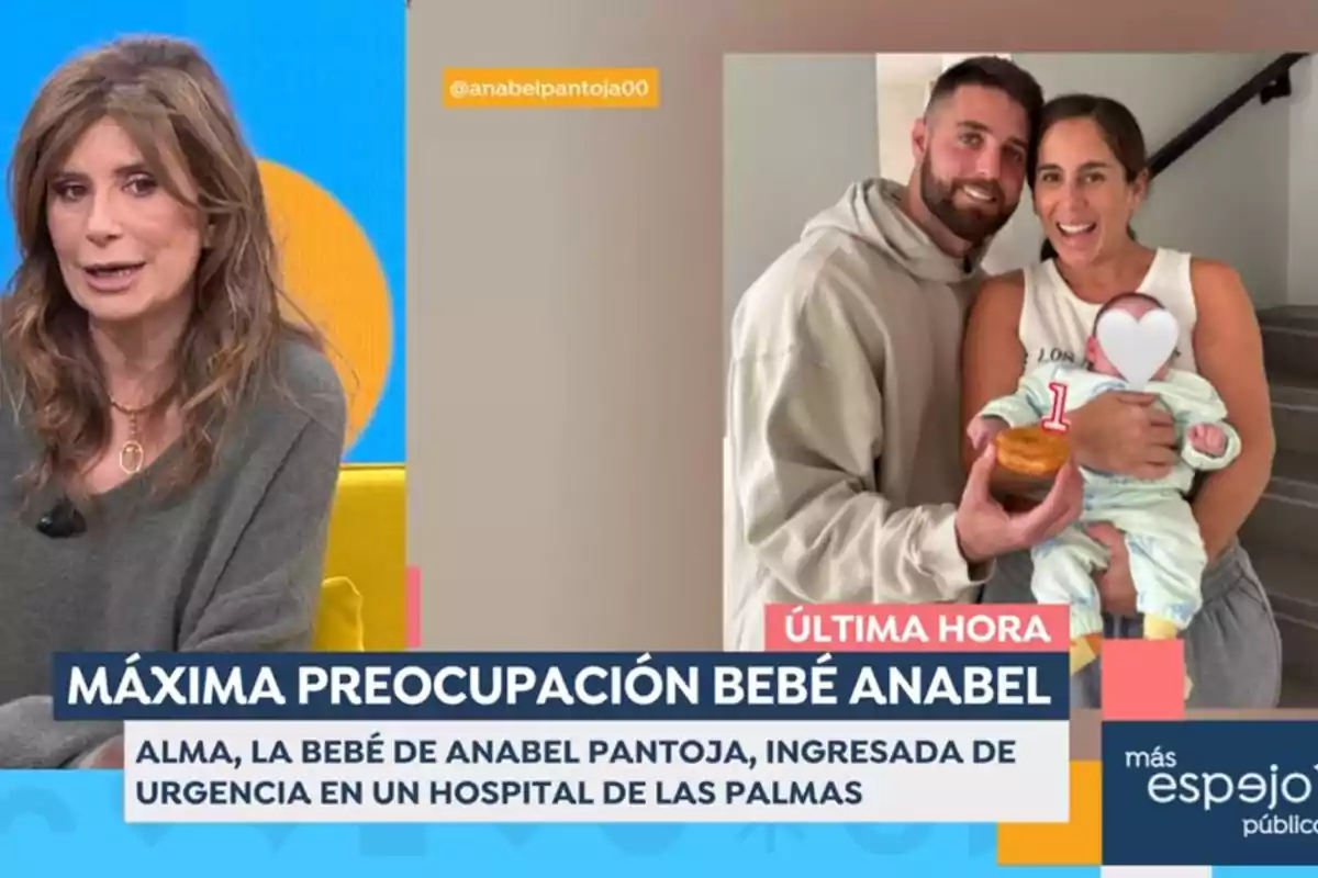 Gema López en un programa de televisió parla sobre una notícia urgent relacionada amb un nadó ingressat a un hospital, mentre es mostra una imatge de David Rodríguez i Anabel Pantoja sostenint un nadó. Captura d''Espejo Público'