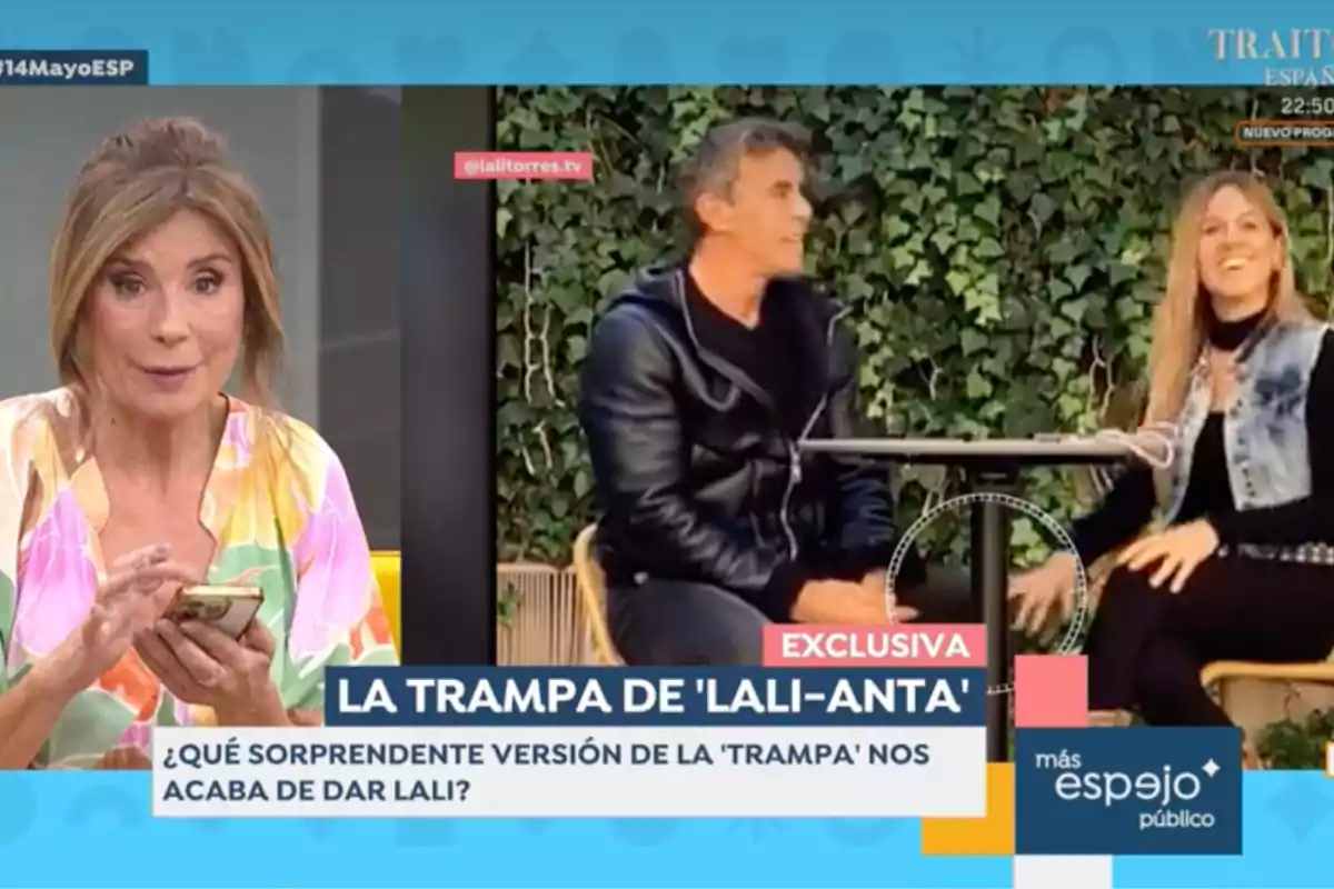 Gema López és en un estudi mentre en una pantalla es mostra Alonso Caparrós i Lali Torres assegudes a l'aire lliure, amb el text Gema López és en un estudi mentre en una pantalla es mostra Alonso Caparrós i Lali Torres assegudes a l'aire lliure, amb el text