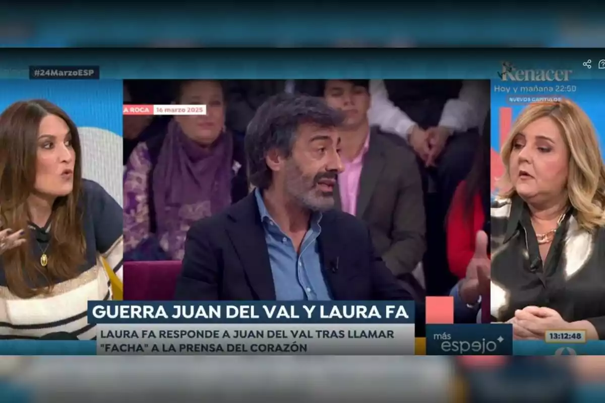 Un programa de televisió mostra Laura Fa, Juan del Val i Pilar Vidal en un debat, amb un rètol que indica una discussió entre Juan del Val i Laura Fa, mentre el públic observa al fons. Captura de 'Espejo Público'.