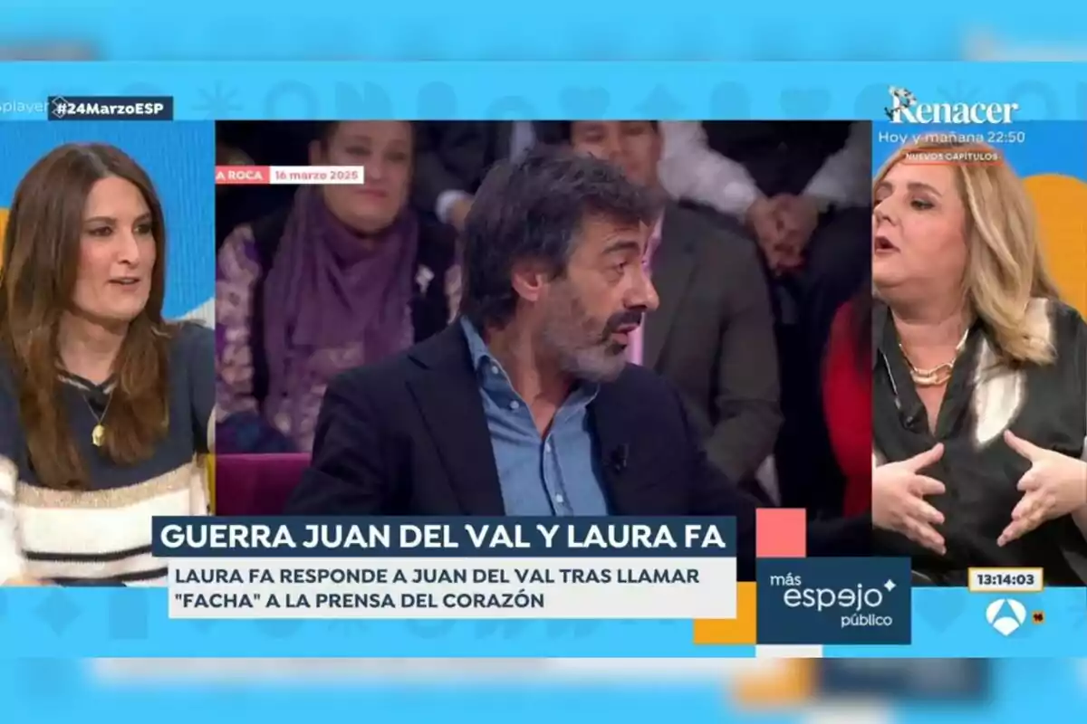 Persones participant en un programa de televisió amb un gràfic a la part inferior que menciona una discussió entre Juan del Val i Laura Fa. Captura d''Espejo Público'.