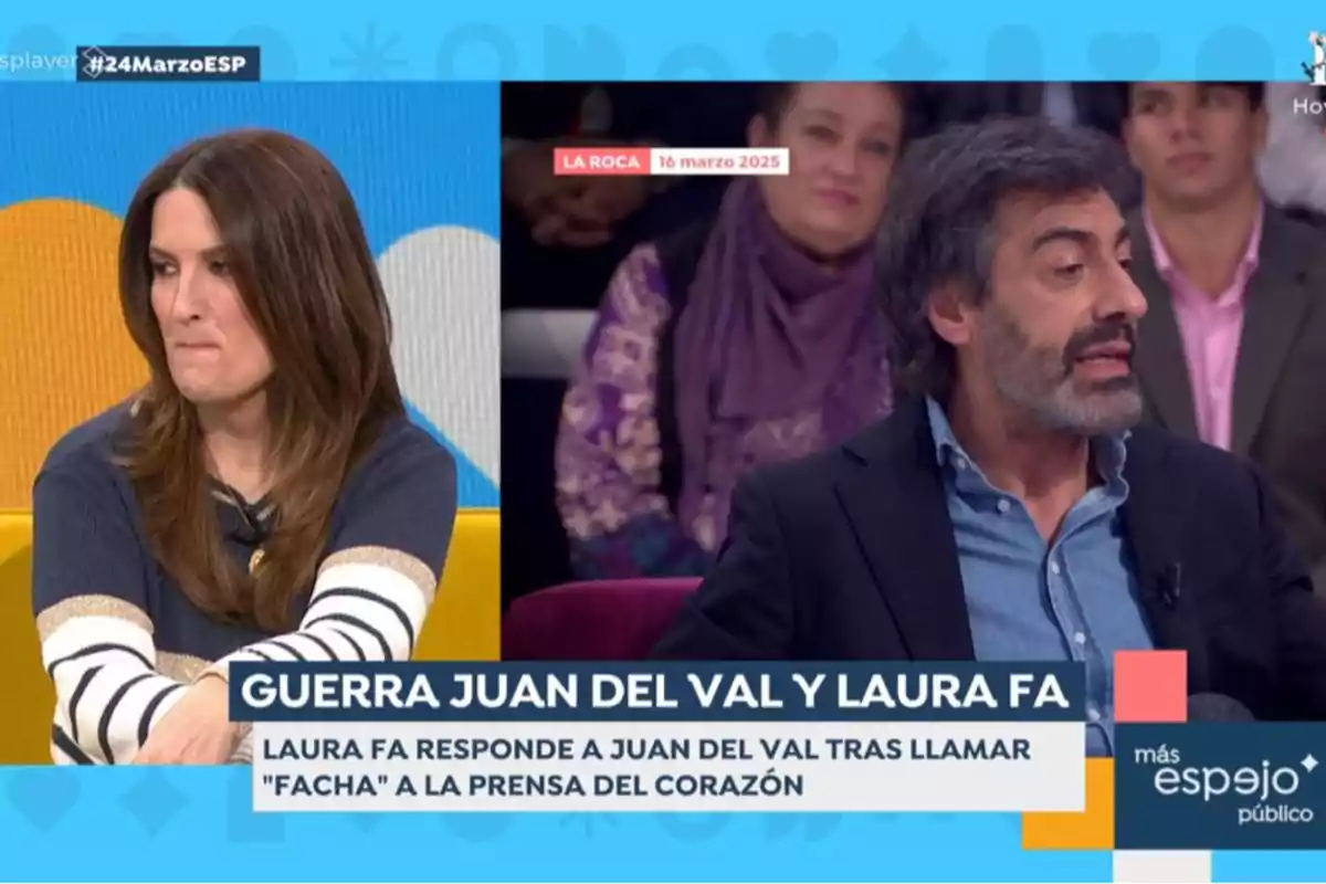 Laura Fa i Juan del Val en un programa de televisió discuteixen sobre un tema controvertit, amb un rètol que menciona una resposta a un comentari sobre la premsa del cor. Captura d''Espejo Público'.