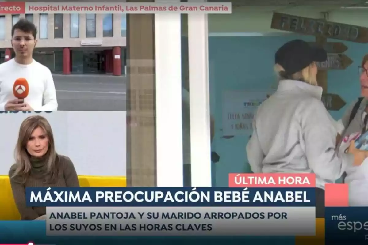 Reporter en directe des de l'Hospital Matern Infantil de Las Palmas de Gran Canària mentre Gema López informa sobre la situació de preocupació pel nadó d'Anabel Pantoja. Captura d''Espejo Público'