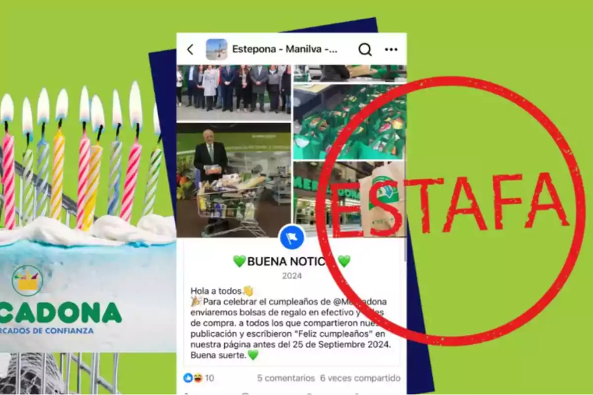 Imatge d'una publicació a les xarxes socials que aparenta ser d'un supermercat, amb un pastís d'aniversari i espelmes enceses a l'esquerra, i la paraula 