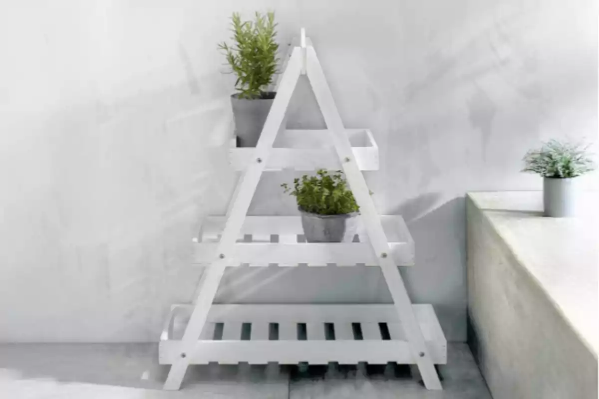 Prestatgeria blanca en forma de piràmide amb testos de plantes verdes en un ambient minimalista.