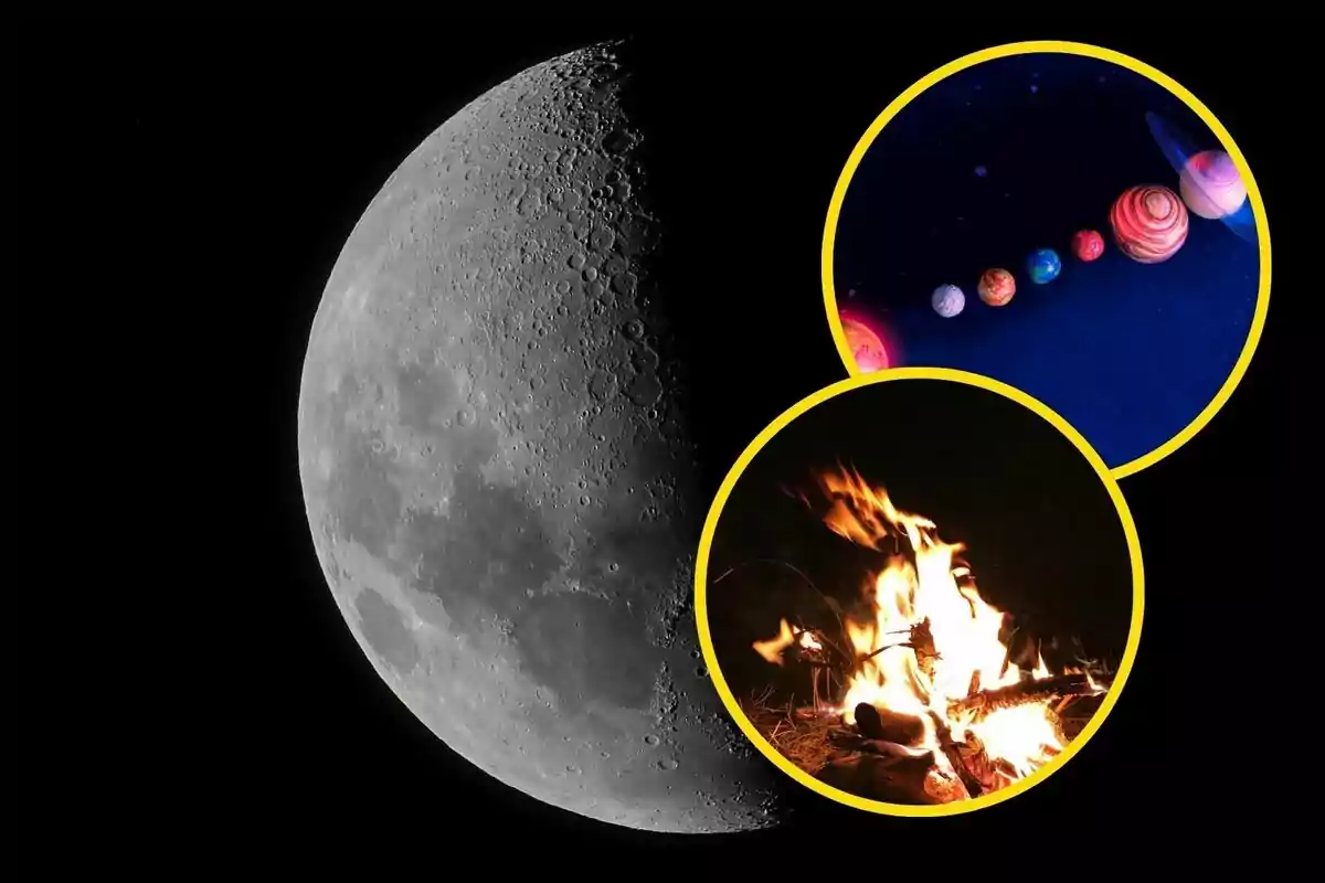 muntatge de la Lluna amb dues retallades d´una foguera i una alineació planetària