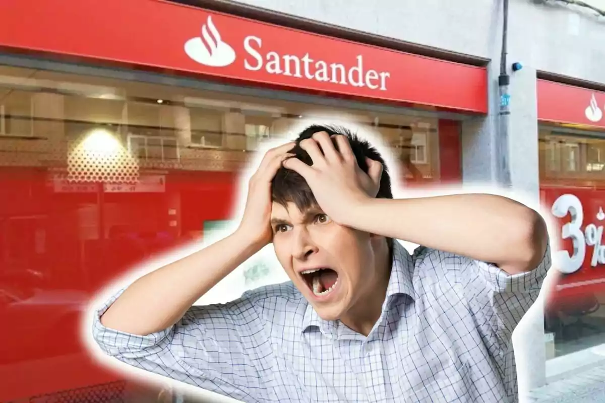 Home amb expressió de frustració davant d'una sucursal del banc Santander.