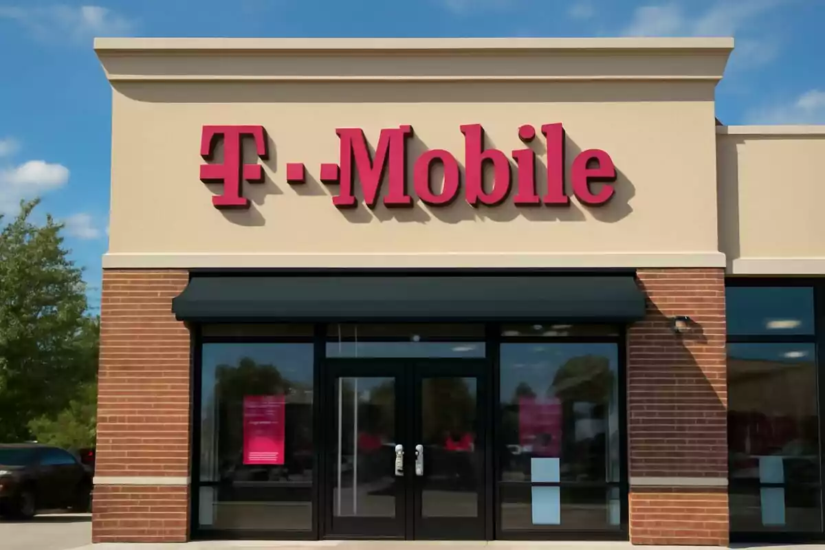 Storefront of a T-Mobile store with a large pink sign above the main entrance.