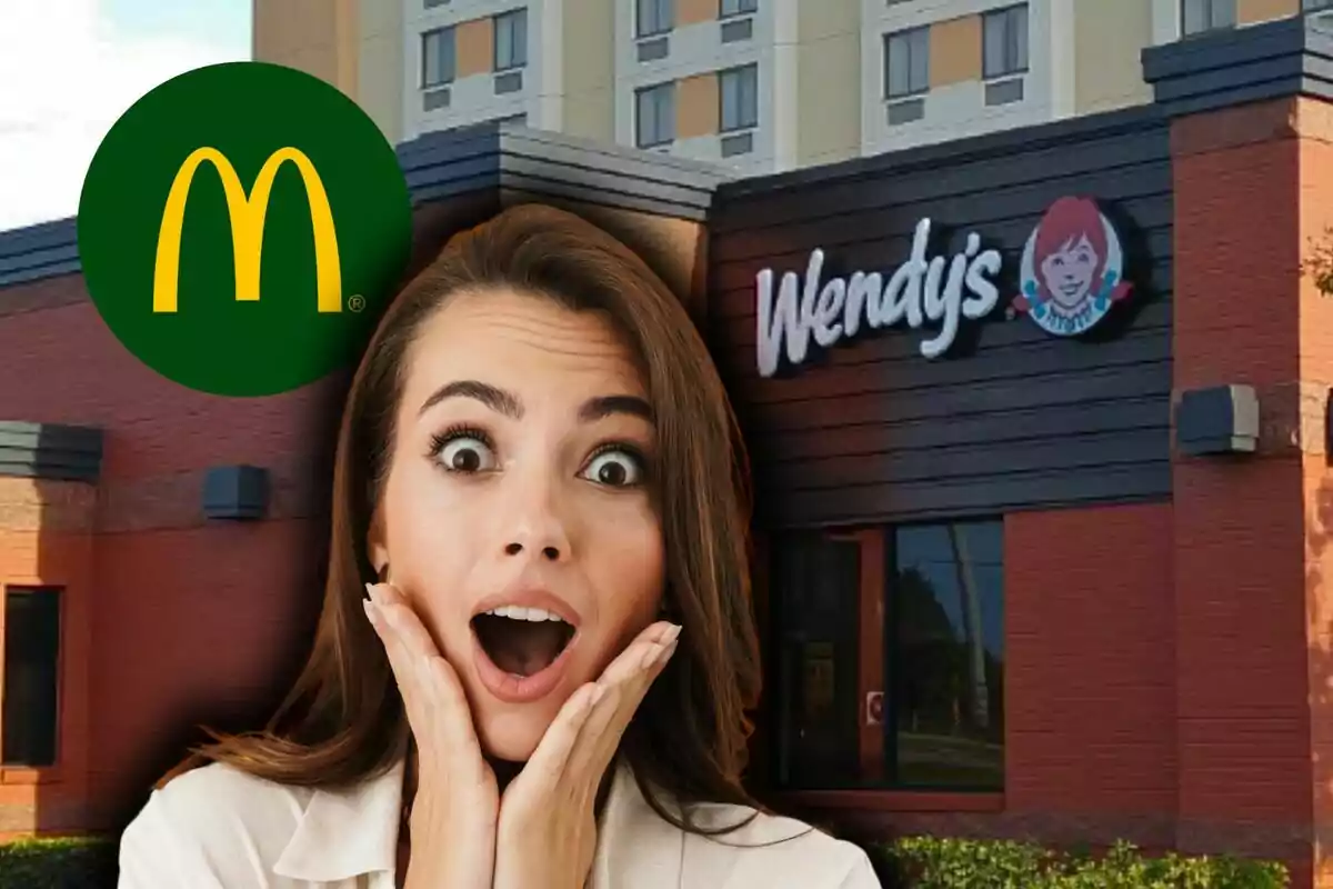 Una mujer con expresión de sorpresa frente a un restaurante de Wendy's con el logo de McDonald's superpuesto.