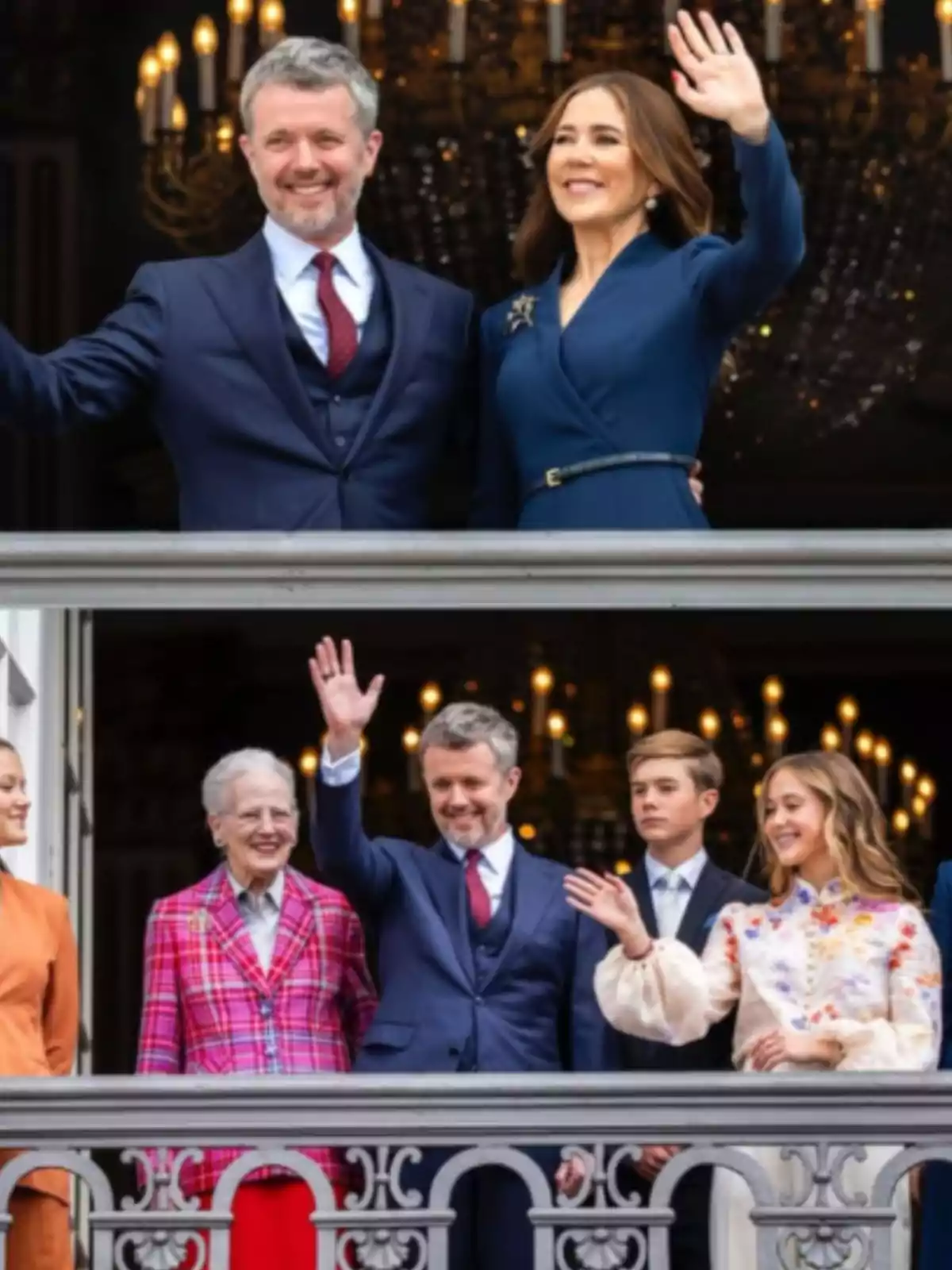Diverses persones elegantment vestides saluden des d’un balcó decorat, amb un fons de làmpades i ambient festiu.