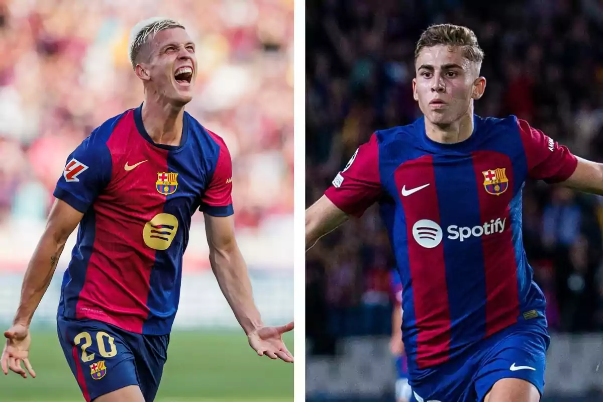 Dos jugadors de futbol amb l'uniforme del FC Barcelona celebrant al camp. Dos jugadors de futbol amb l'uniforme del FC Barcelona celebrant al camp.