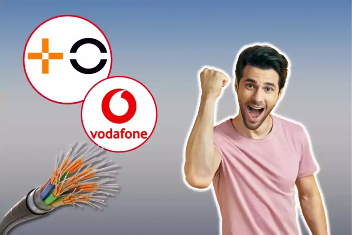 Home emocionat amb logos de Vodafone i una altra companyia de telecomunicacions amb un cable de fibra òptica.