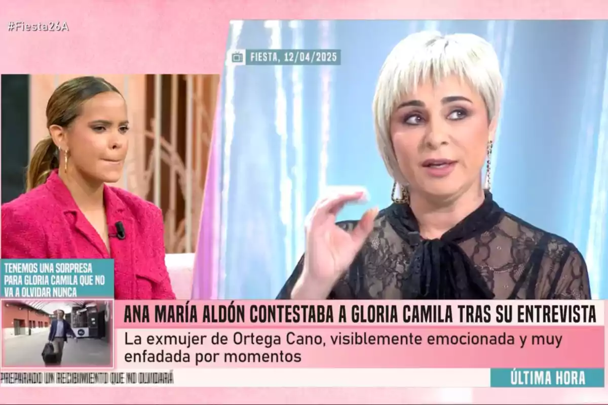 A la imatge s'observa a Gloria Camila i Ana María Aldón en un programa de televisió, una d'elles porta un vestit rosa i sembla estar escoltant atentament, mentre que l'altra, amb cabell curt i ros, està parlant i gesticulant, a la part inferior hi ha text que menciona una resposta a una entrevista i es destaca que una de les dones està visiblement emocionada i enfadada. Captura de 'Fiesta'. A la imatge s'observa a Gloria Camila i Ana María Aldón en un programa de televisió, una d'elles porta un vestit rosa i sembla estar escoltant atentament, mentre que l'altra, amb cabell curt i ros, està parlant i gesticulant, a la part inferior hi ha text que menciona una resposta a una entrevista i es destaca que una de les dones està visiblement emocionada i enfadada. Captura de 'Fiesta'.