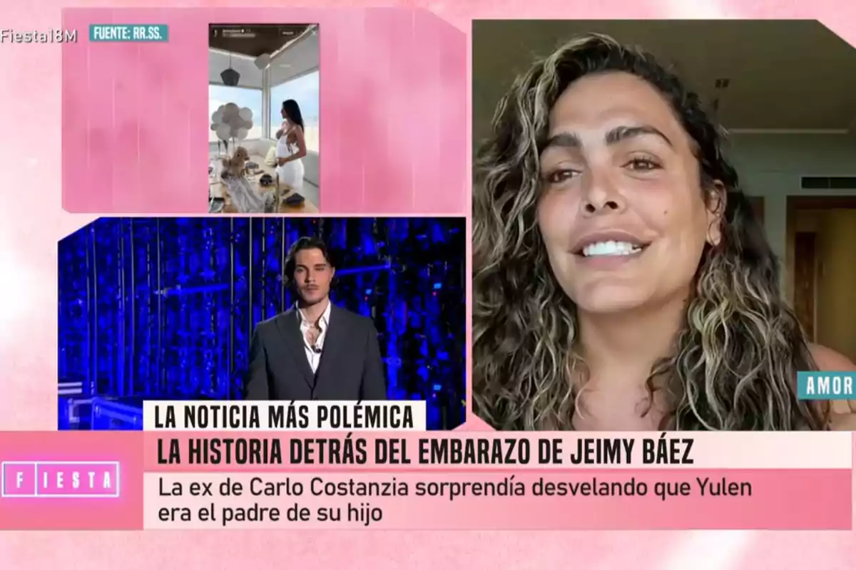 A la imatge es mostra un programa de televisió amb Carlo Costanzia i Amor Romeira en videotrucada, juntament amb un titular que menciona una notícia polèmica sobre l'embaràs de Jeimy Báez. Captura de 'Fiesta' A la imatge es mostra un programa de televisió amb Carlo Costanzia i Amor Romeira en videotrucada, juntament amb un titular que menciona una notícia polèmica sobre l'embaràs de Jeimy Báez. Captura de 'Fiesta'