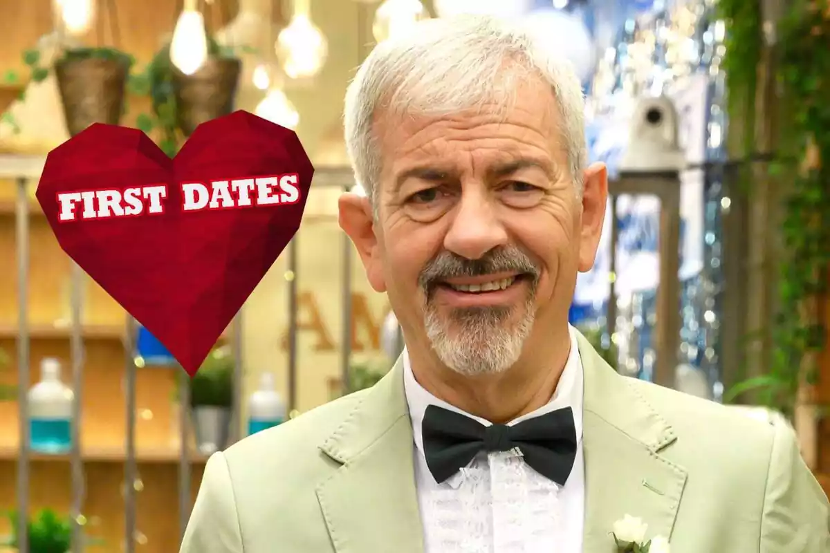 Muntatge d'un primer pla de Carlos Sobera al restaurant de First Dates amb el logo