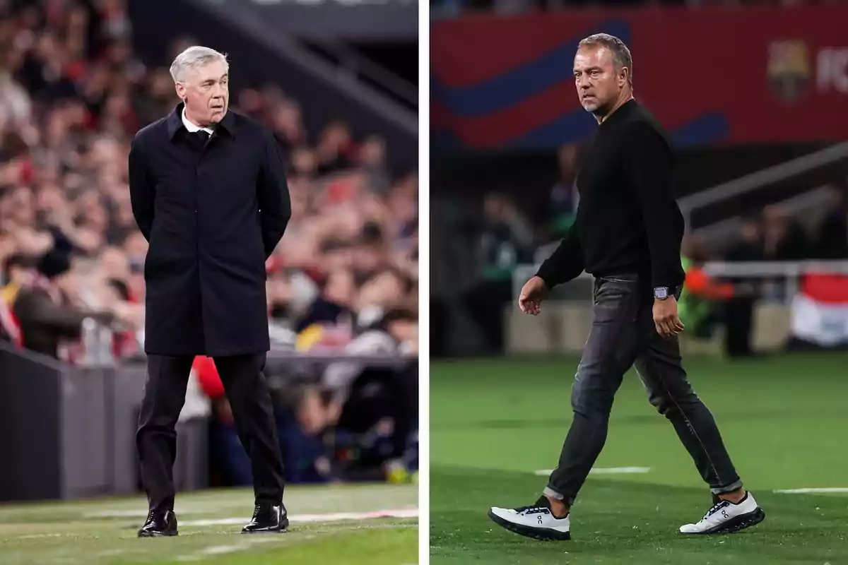 Two soccer coaches on the touchline during a match, one in a black coat and the other in a black sweater and jeans. Two soccer coaches on the touchline during a match, one in a black coat and the other in a black sweater and jeans.