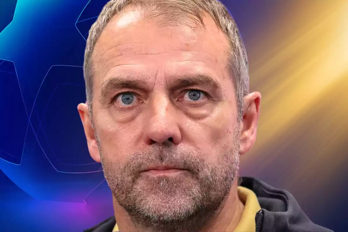 A middle-aged man with a beard and short hair stares intently at the camera with a blue and gold background.
