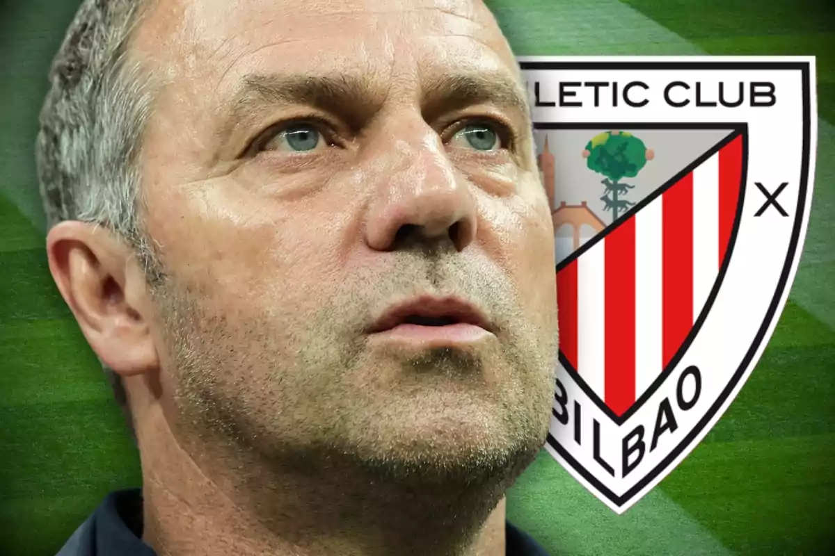 A man with a serious expression in front of the Athletic Club de Bilbao crest.