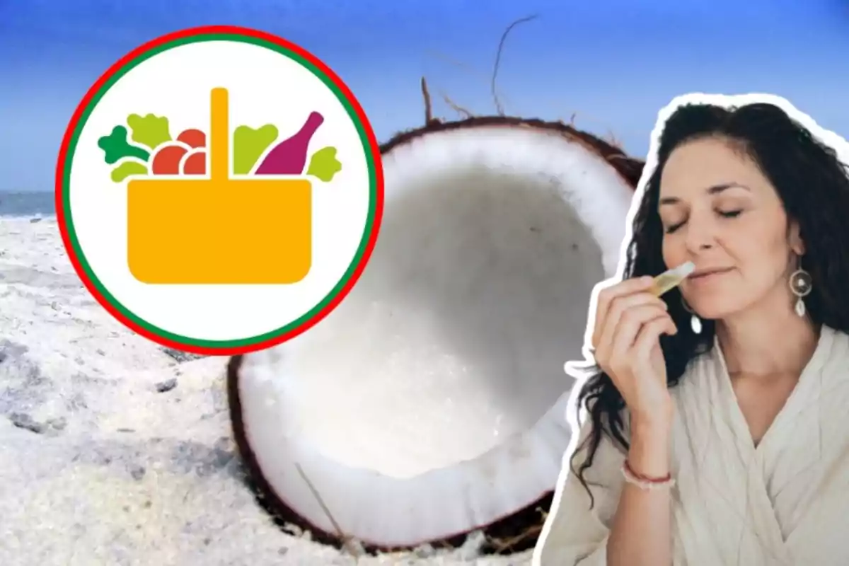 Una dona amb els ulls tancats sosté un pot a prop del nas, al fons hi ha una platja amb un coco partit i una icona de cistell d'aliments. Una dona amb els ulls tancats sosté un pot a prop del nas, al fons hi ha una platja amb un coco partit i una icona de cistell d'aliments.