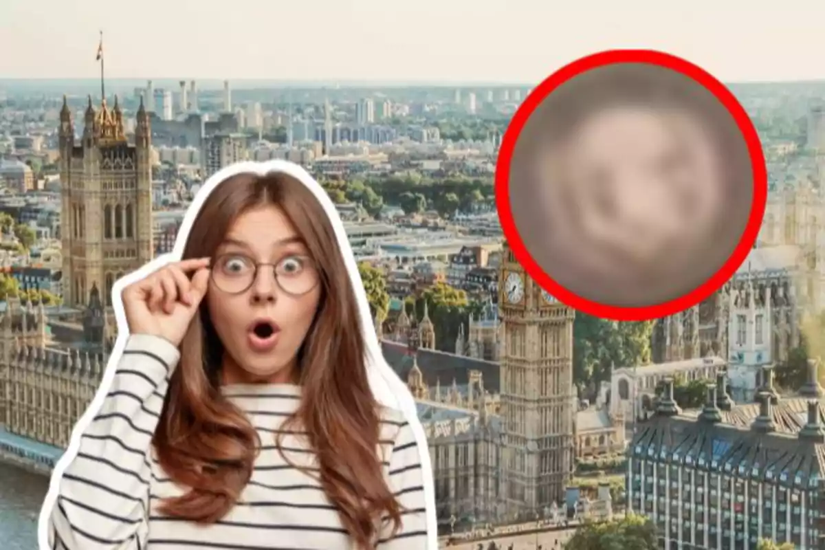 Una dona amb expressió de sorpresa i ulleres està davant d'un fons de la ciutat de Londres, amb el Big Ben visible, mentre un cercle vermell ressalta una àrea borrosa al cel.