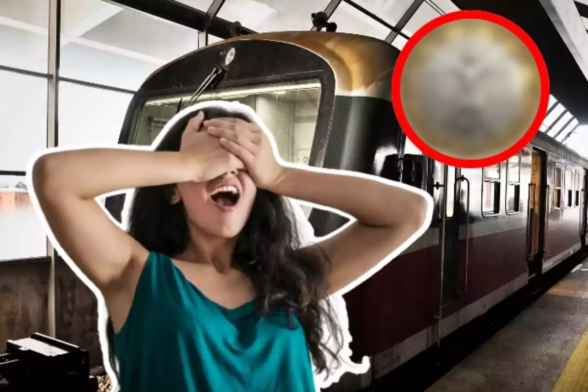 Una dona amb els ulls coberts per les seves mans sembla sorpresa davant d'un tren en una estació amb un cercle vermell que ressalta una àrea borrosa a la imatge.