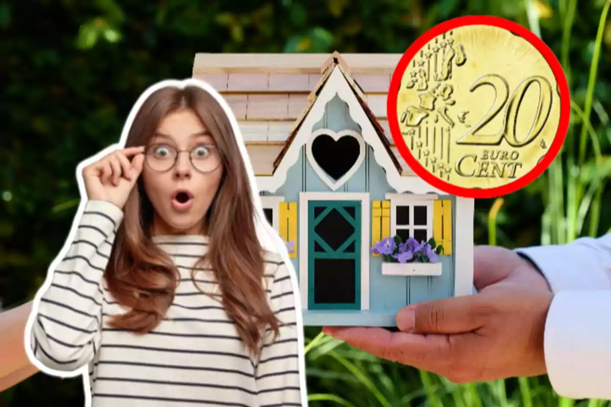 Una dona amb expressió de sorpresa al costat d'una casa en miniatura sostinguda per mans i una moneda de 20 cèntims d'euro.