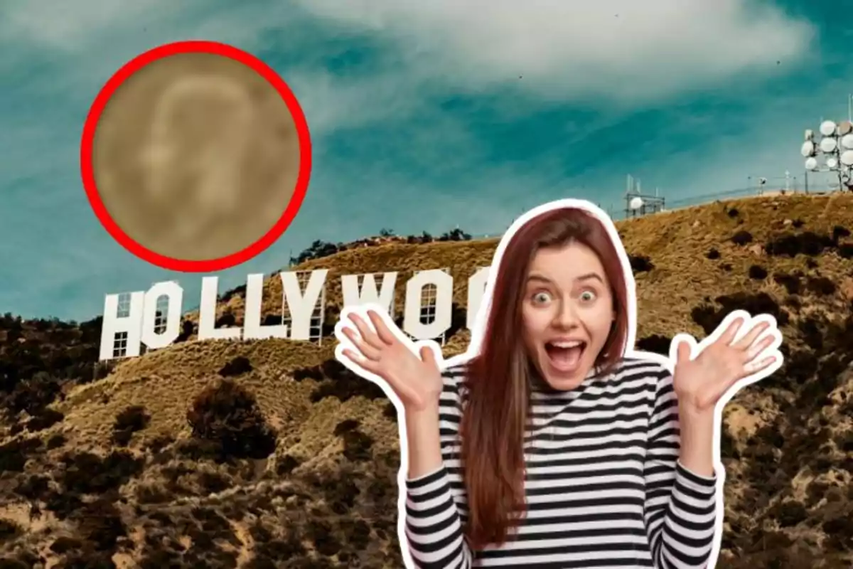 Una dona emocionada davant del rètol de Hollywood amb un cercle vermell al cel.