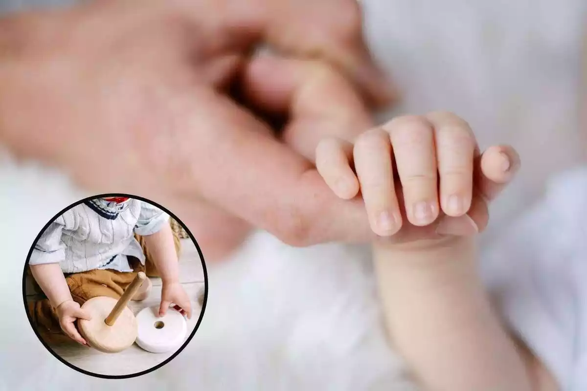 Muntatge amb fotos d'una mà d'un nadó i un pare, i un nen jugant.
