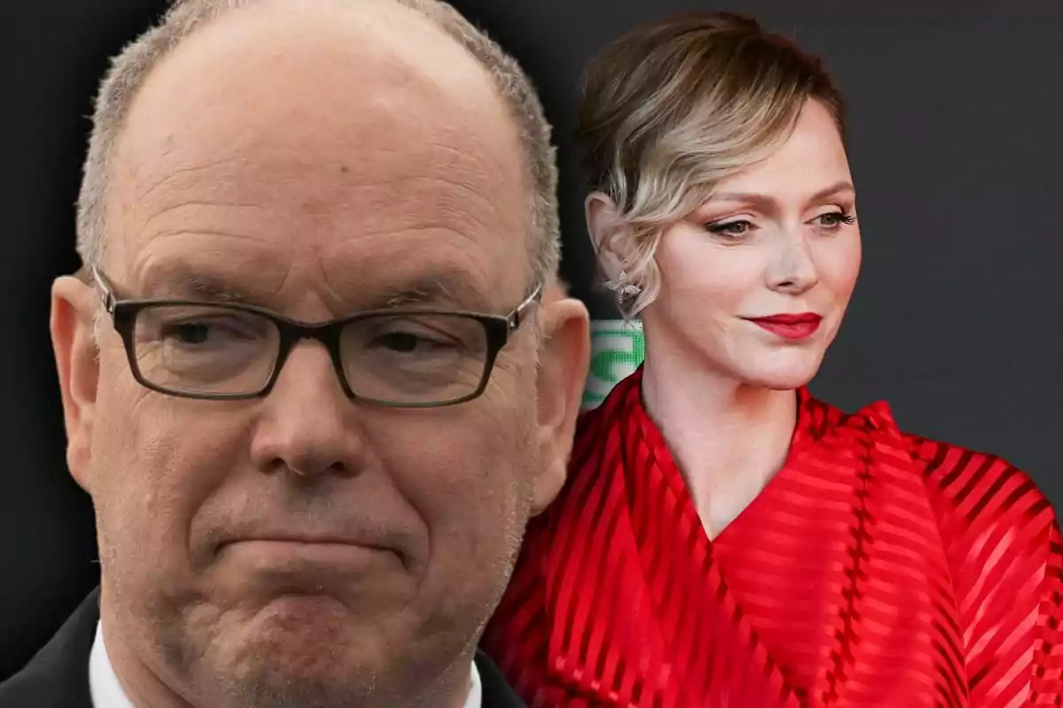A man with glasses and a serious expression in the foreground and a blonde woman with red lips and a red dress in the background