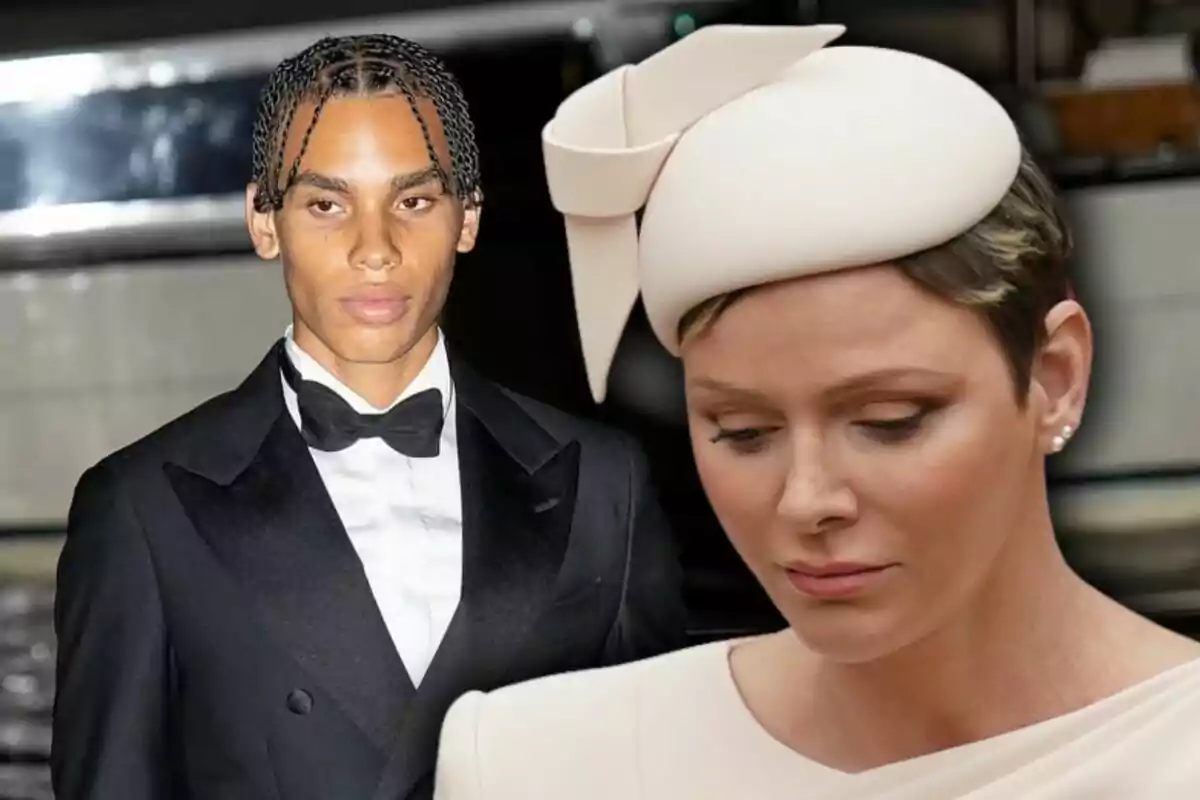 A young man in a tuxedo and a woman in an elegant cream-colored hat appear together in the image, both with serious expressions.