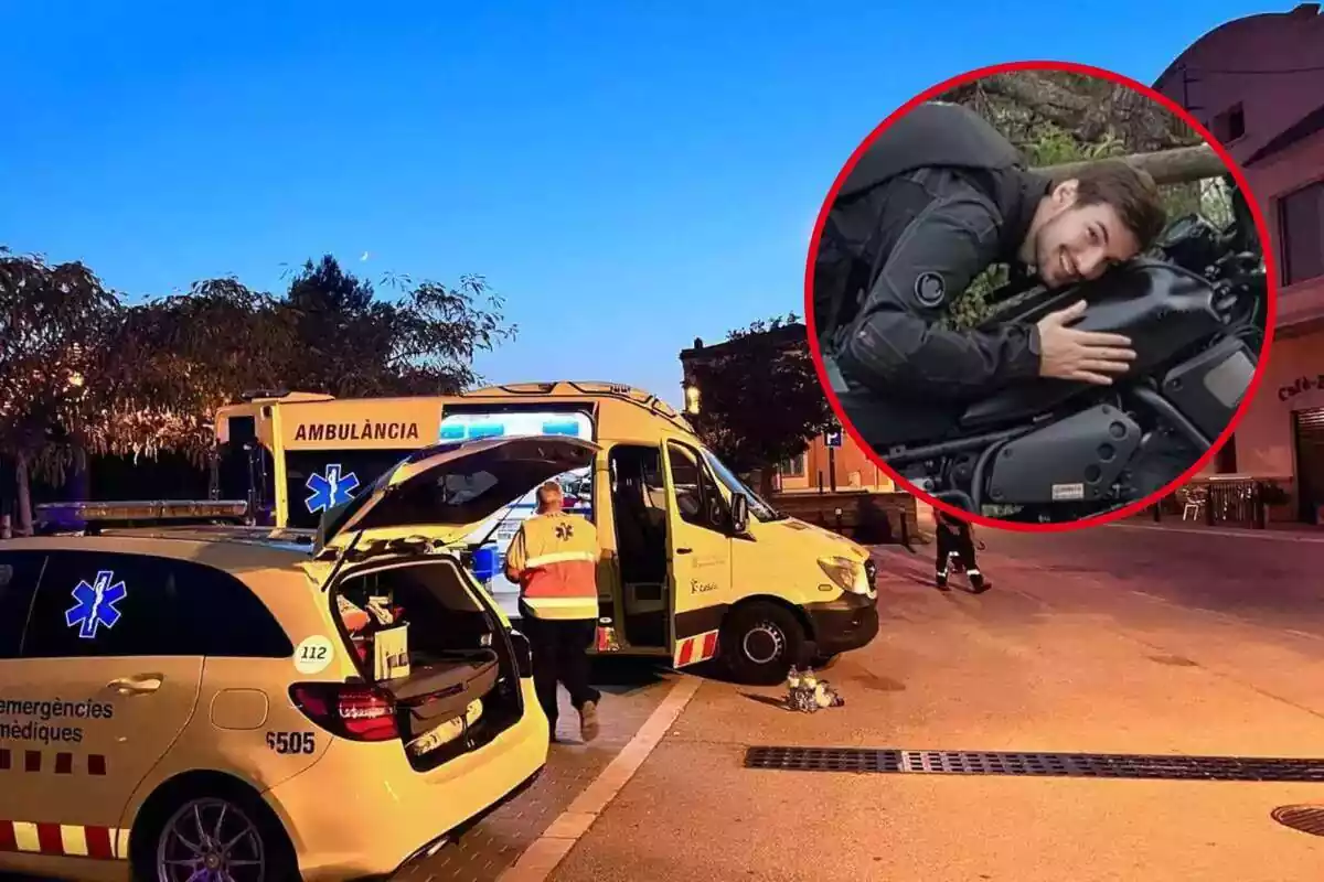 Fotomuntatge entre unes ambulàncies i una imatge d'en Josep, un noi atropellat mentre anava amb motocicleta