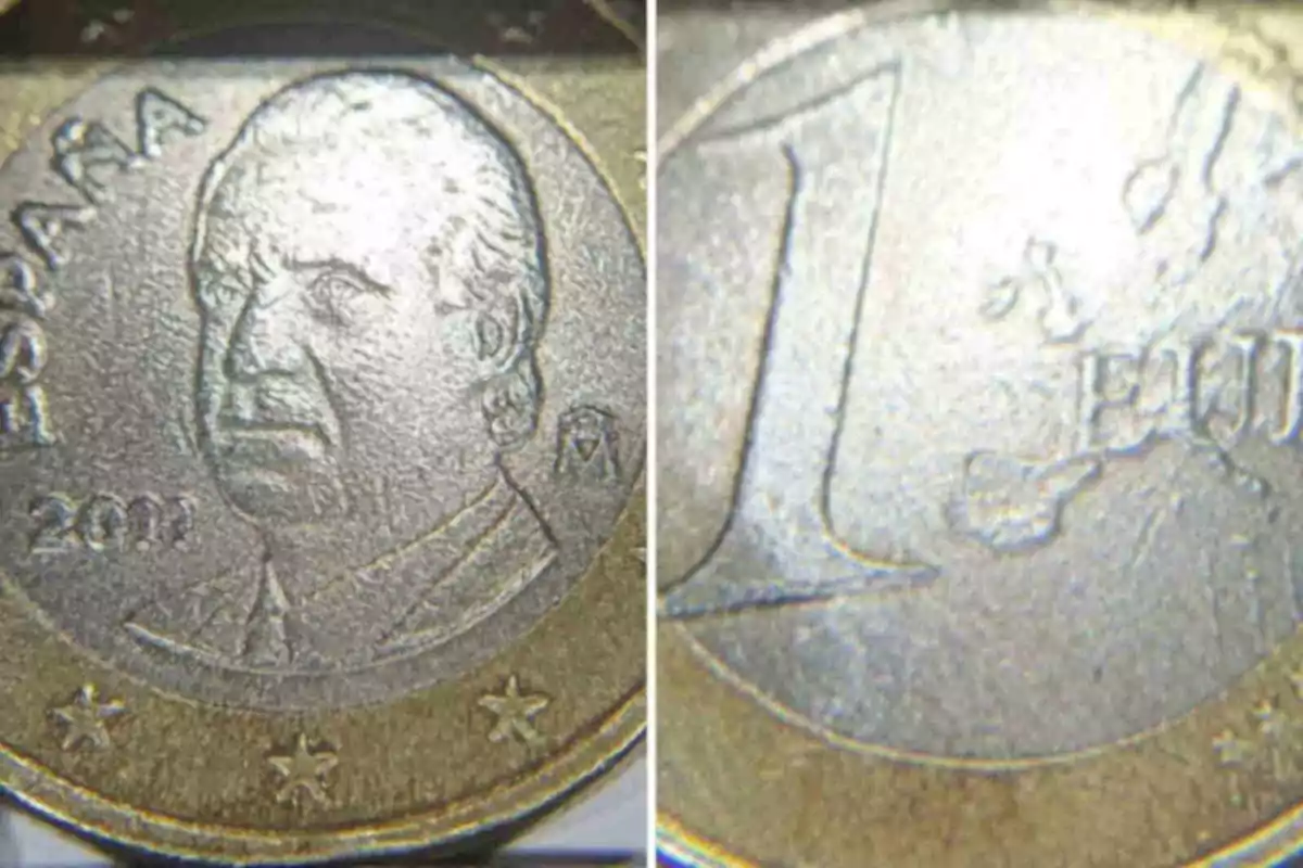 Primer pla d'una moneda d'un euro amb el rostre d'un home i la paraula “Espanya” gravada.