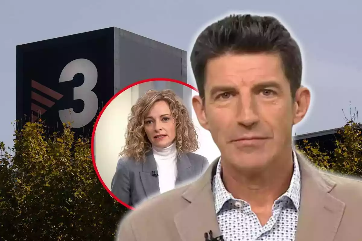 Fotomontaje de Artur Peguera y Cristina Riba con las instalaciones de TV3 de fondo