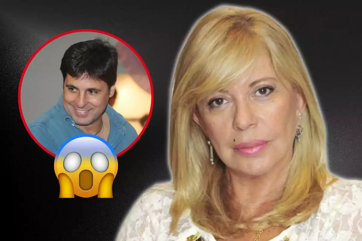 Una mujer rubia en primer plano con un hombre sonriendo en un círculo rojo en la esquina superior izquierda y un emoji sorprendido debajo.