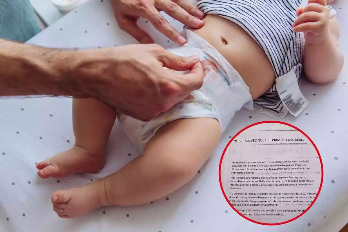 Fotomuntatge d'un pare canviant el bolquer a un nadó i la queixa d´uns veïns de Sants, Barcelona