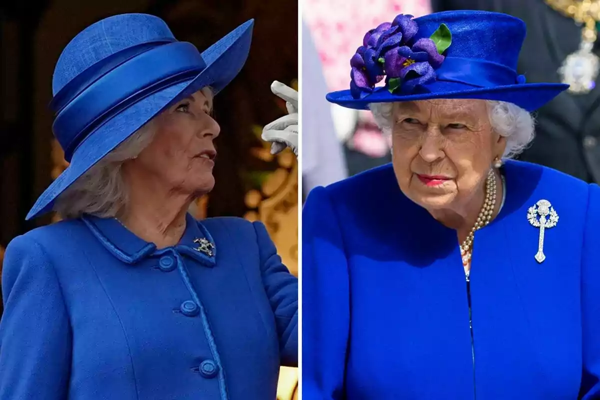 Two older women dressed in blue with fancy hats. Two older women dressed in blue with fancy hats.